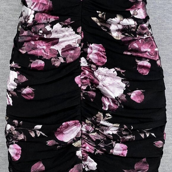 Black Foiled Pink Floral Ruched Mini Dress Bodycon Coquette Whimsigoth Womens S - Picture 5 of 16